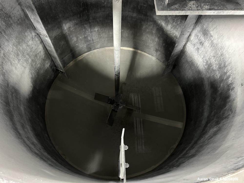 Used 1,000 Gallon Mix Tank, W/ agitation, approx. 2" shaft, 4 blade trubine, with 3 internal baffles. Flat top w/2 piece hinge cover. Cone bottom (approx 8"). 3" center bottom outlet w/reducing flang...