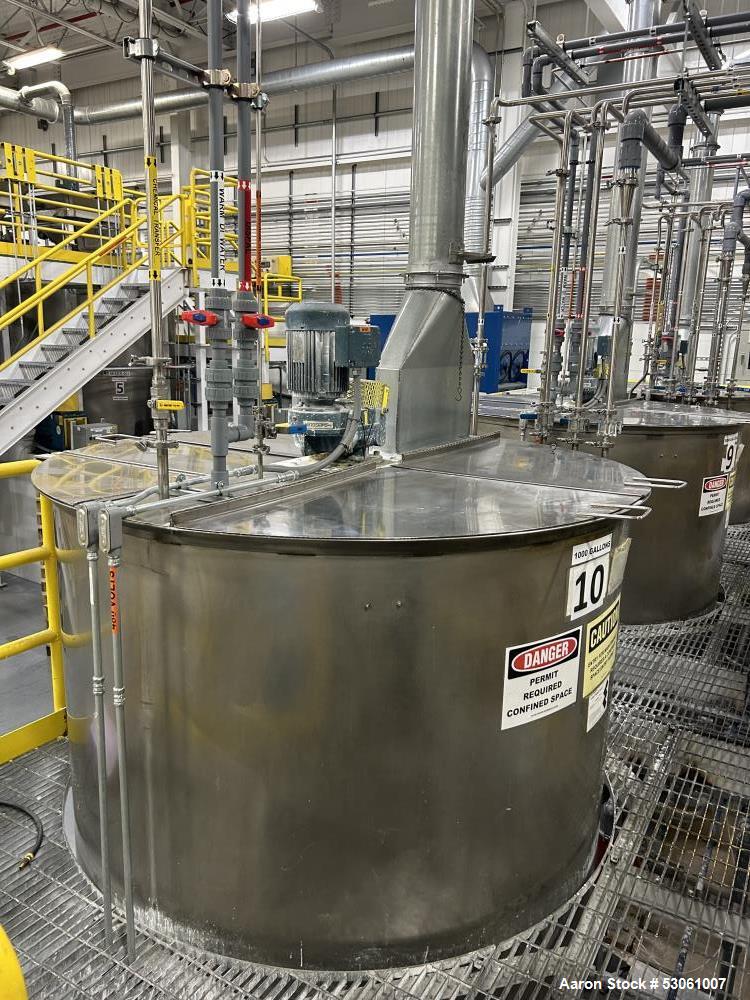 Used 1,000 Gallon Mix Tank, W/ agitation, approx. 2" shaft, 4 blade trubine, with 3 internal baffles. Flat top w/2 piece hinge cover. Cone bottom (approx 8"). 3" center bottom outlet w/reducing flang...