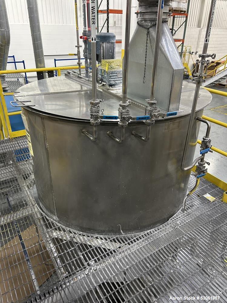 Used 1,000 Gallon Mix Tank, W/ agitation, approx. 2" shaft, 4 blade trubine, with 3 internal baffles. Flat top w/2 piece hinge cover. Cone bottom (approx 8"). 3" center bottom outlet w/reducing flang...