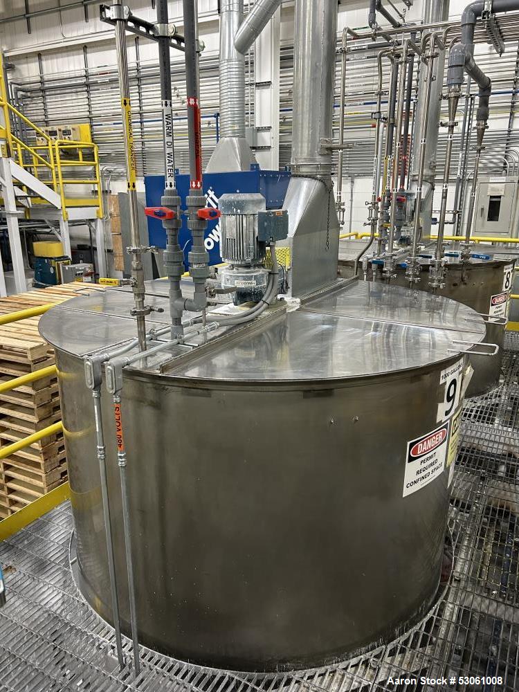 Used 4,000 Gallon Mix Tank, W/ agitation, approx. 3" shaft, 4 blade turbine, with 3 baffles. Flat top w/ 2 hinge cover. Cone bottom (approx 10"). 2" center bottom outlet. Approx. 108" straight side, ...