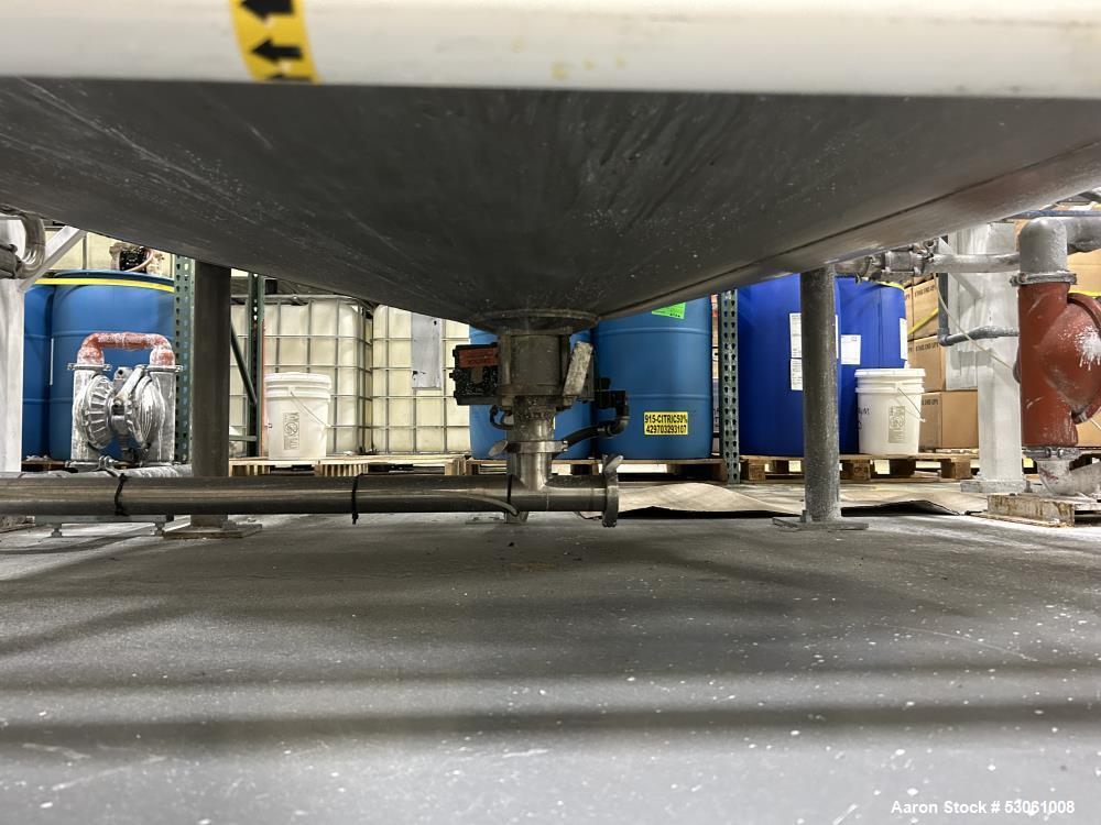 Used 4,000 Gallon Mix Tank, W/ agitation, approx. 3" shaft, 4 blade turbine, with 3 baffles. Flat top w/ 2 hinge cover. Cone bottom (approx 10"). 2" center bottom outlet. Approx. 108" straight side, ...
