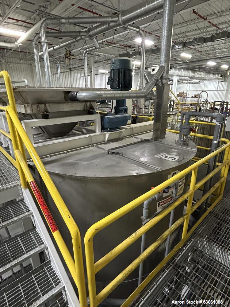 Used 4,000 Gallon Mix Tank, W/ agitation, approx. 3" shaft, 4 blade turbine, with 3 baffles. Flat top w/ 2 hinge cover. Cone bottom (approx 10"). 2" center bottom outlet. Approx. 108" straight side, ...