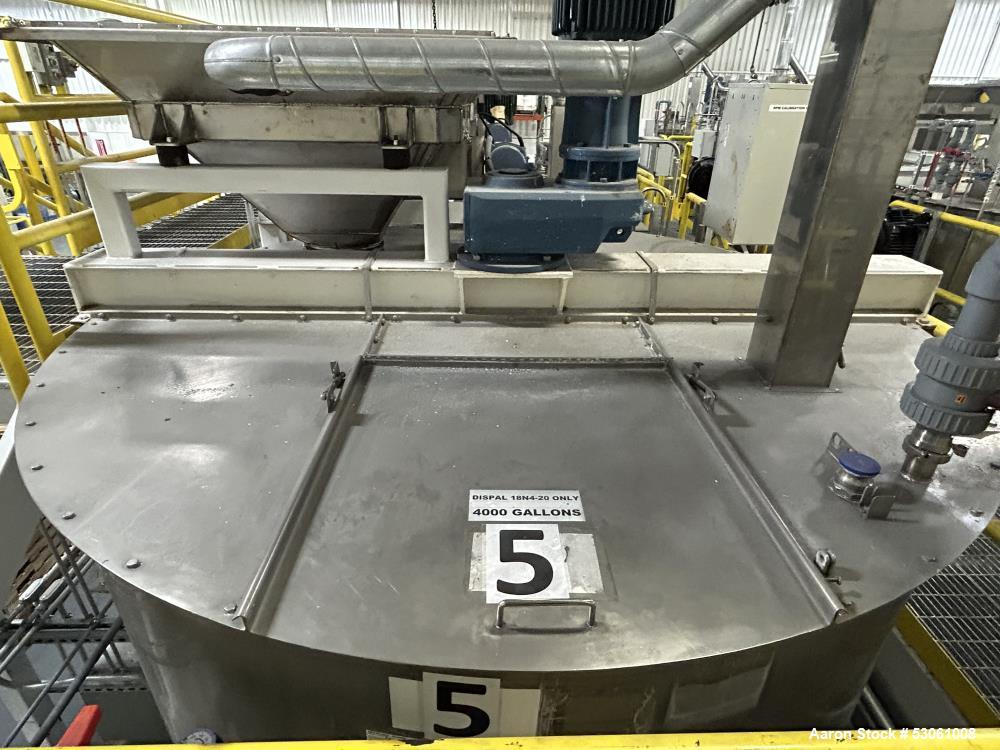 Used 4,000 Gallon Mix Tank, W/ agitation, approx. 3" shaft, 4 blade turbine, with 3 baffles. Flat top w/ 2 hinge cover. Cone bottom (approx 10"). 2" center bottom outlet. Approx. 108" straight side, ...