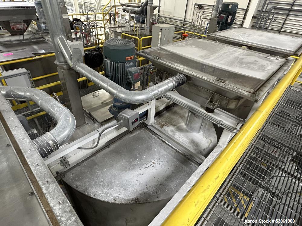 Used 3,000 Gallon Mix Tank, W/ agitation, approx. 3" shaft, 4 blade trubine, with 3 baffles. Flat top w/ 2 hinge cover. Cone bottom (approx 10"). 2" center bottom outlet. Approx. 108" straight side, ...