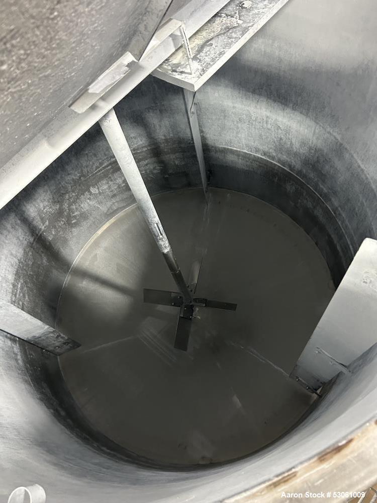 Used 3,000 Gallon Mix Tank, W/ agitation, approx. 3" shaft, 4 blade trubine, with 3 baffles. Flat top w/ 2 hinge cover. Cone bottom (approx 10"). 2" center bottom outlet. Approx. 108" straight side, ...