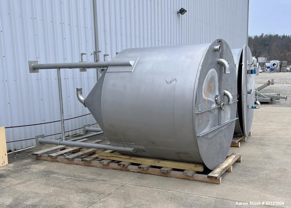 Used Stainless Steel Tank, Approximate 1,300 Gallon, Stainless Steel, Vertical. Approximate 80" diameter x 60" straight side. Flat top with cover, Conical bottom. 4" Center bottom outlet. Mounted on ...
