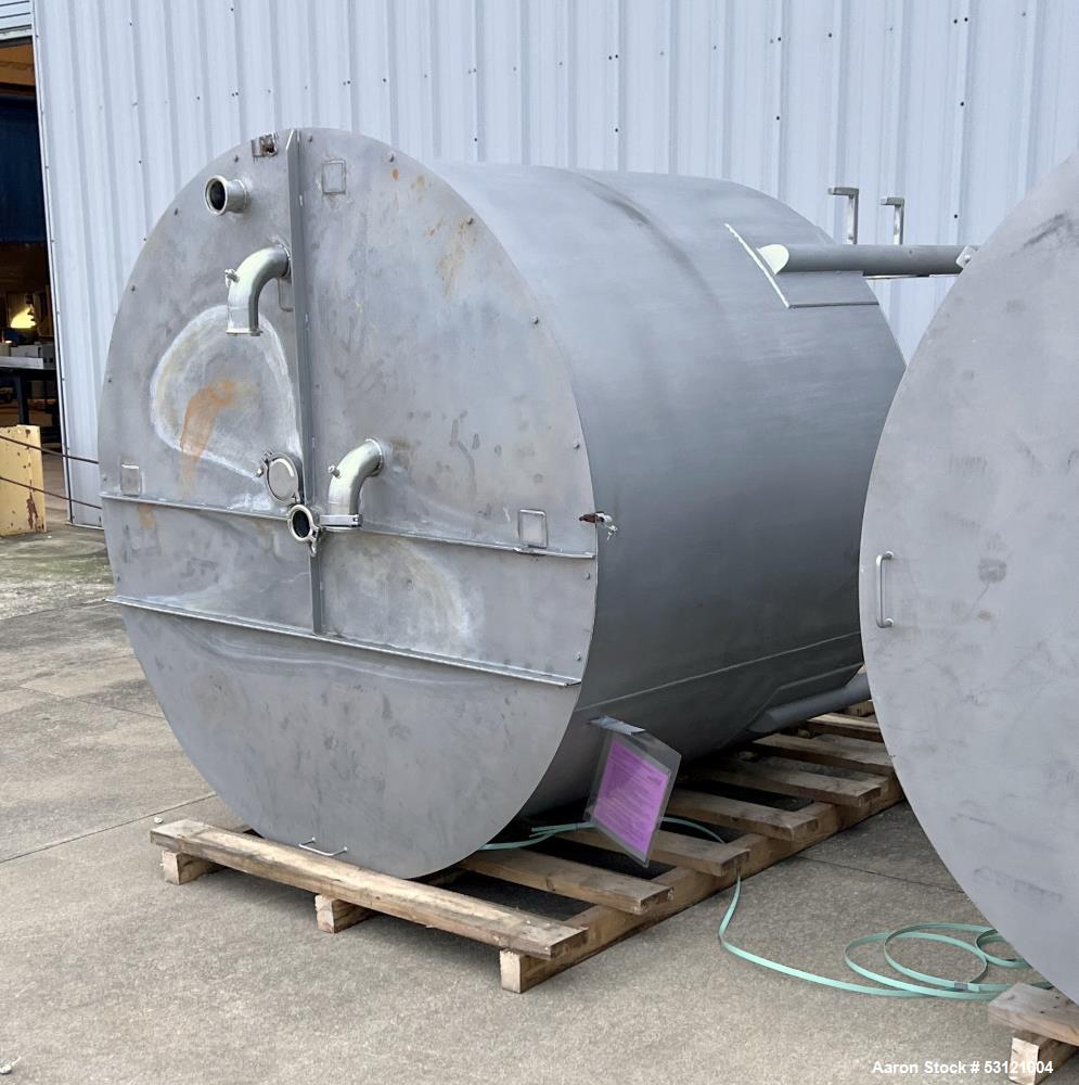 Used Stainless Steel Tank, Approximate 1,300 Gallon, Stainless Steel, Vertical. Approximate 80" diameter x 60" straight side. Flat top with cover, Conical bottom. 4" Center bottom outlet. Mounted on ...