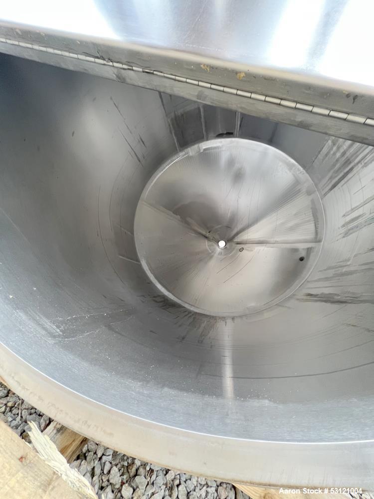 Used Stainless Steel Tank, Approximate 1,300 Gallon, Stainless Steel, Vertical. Approximate 80" diameter x 60" straight side. Flat top with cover, Conical bottom. 4" Center bottom outlet. Mounted on ...