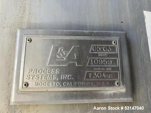 L&A Process Systems Inc. 2,000 Gallon 304 Stainless Steel Tank.
