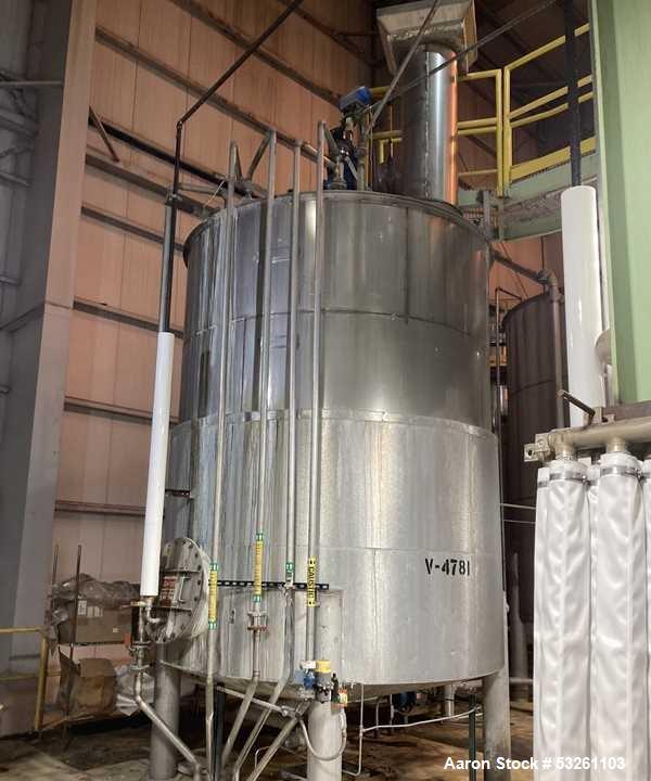 Used Approximate 4750 gallon Stainless Steel Agitated Tank With 5 HP Centrifugal Pump, V-4781. Top entering agitator (HP unknown). Cone bottom with center bottom outlet. Side bottom manway.