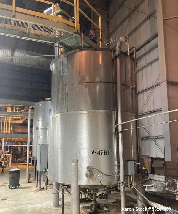 Used Approximate 4750 gallon Stainless Steel Agitated Tank With 5 HP Centrifugal Pump, V-4781. Top entering agitator (HP unknown). Cone bottom with center bottom outlet. Side bottom manway.