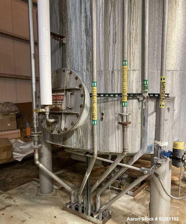 Used Approximate 4750 gallon Stainless Steel Agitated Tank With 5 HP Centrifugal Pump, V-4781. Top entering agitator (HP unknown). Cone bottom with center bottom outlet. Side bottom manway.