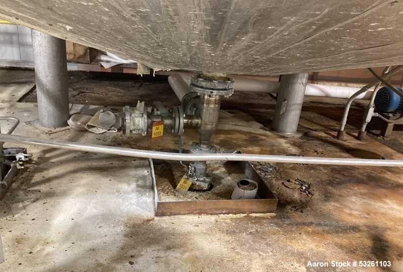 Used Approximate 4750 gallon Stainless Steel Agitated Tank With 5 HP Centrifugal Pump, V-4781. Top entering agitator (HP unknown). Cone bottom with center bottom outlet. Side bottom manway.