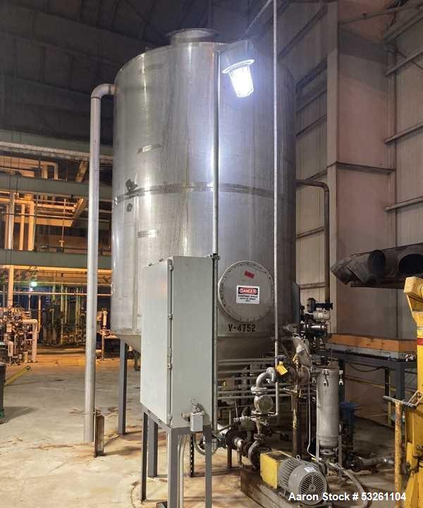 Used Approximate 4000 gallon Stainless Steel Storage Tank With 7.5 HP Centrifugal Pump, V-4782.  Misc. top inlets. Cone bottom with center bottom outlet. Bottom side manway. With 7.5 HP stainless ste...