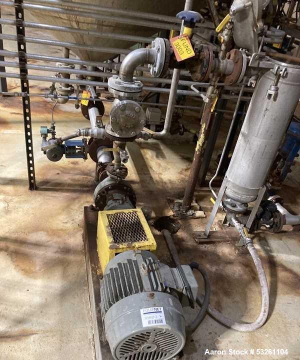 Used Approximate 4000 gallon Stainless Steel Storage Tank With 7.5 HP Centrifugal Pump, V-4782.  Misc. top inlets. Cone bottom with center bottom outlet. Bottom side manway. With 7.5 HP stainless ste...