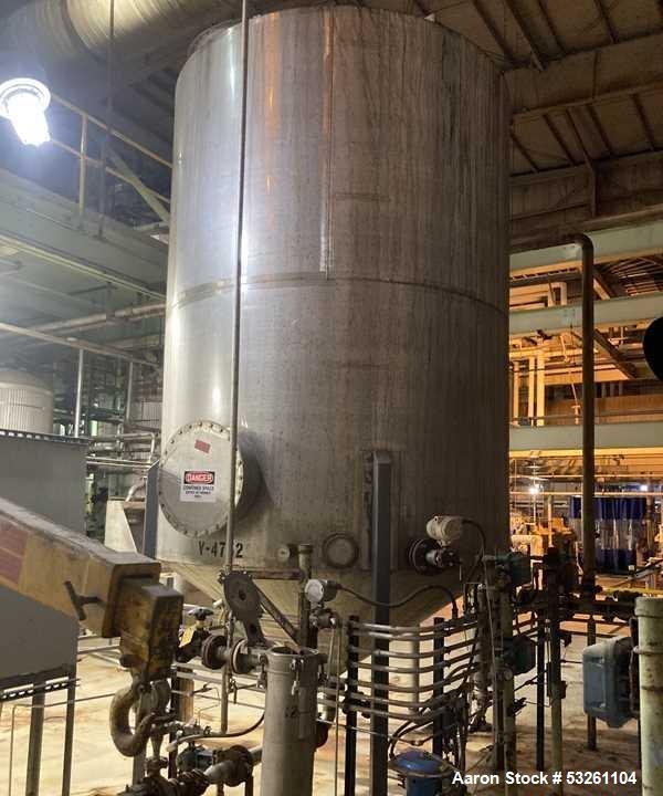 Used Approximate 4000 gallon Stainless Steel Storage Tank With 7.5 HP Centrifugal Pump, V-4782.  Misc. top inlets. Cone bottom with center bottom outlet. Bottom side manway. With 7.5 HP stainless ste...