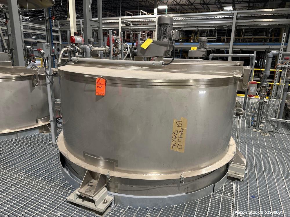Used ICCNW Single wall stainless steel mixing tank, 90IN diameter x 12FT high, 4,224 Gallon capacity, (TK 332), 4 blade agitator with 3HP drive, mounted on load cells (West 1)