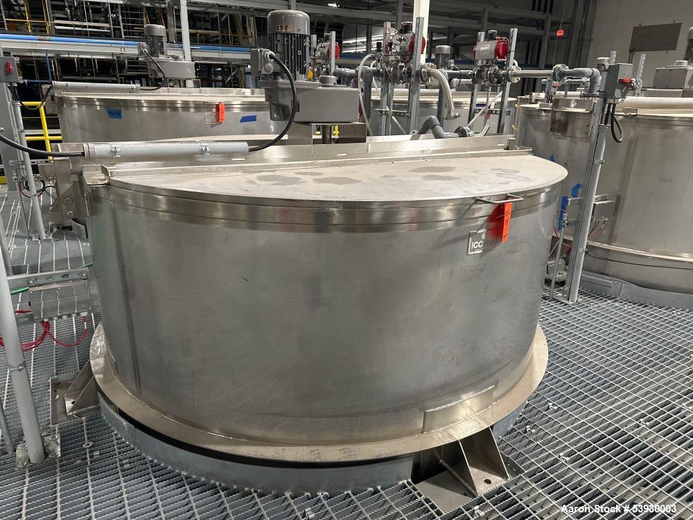 Used ICCNW Single wall stainless steel mixing tank, 90IN diameter x 12FT high, 4,224 Gallon capacity, (TK 334), 4 blade agitator with 3HP drive, mounted on load cells (West 1)