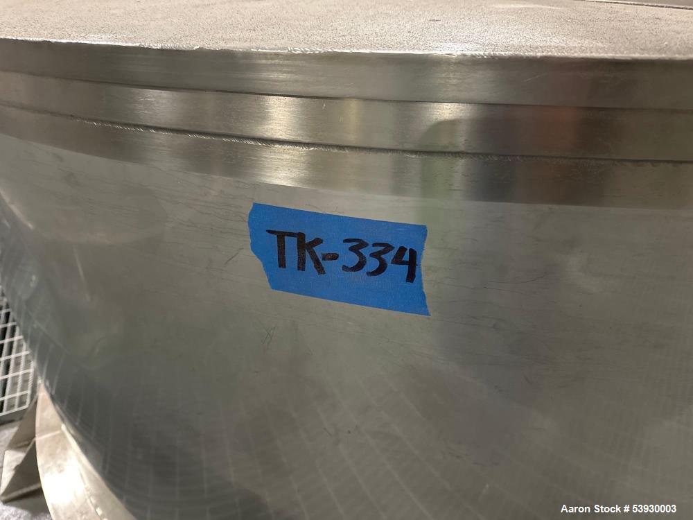 Used ICCNW Single wall stainless steel mixing tank, 90IN diameter x 12FT high, 4,224 Gallon capacity, (TK 334), 4 blade agitator with 3HP drive, mounted on load cells (West 1)
