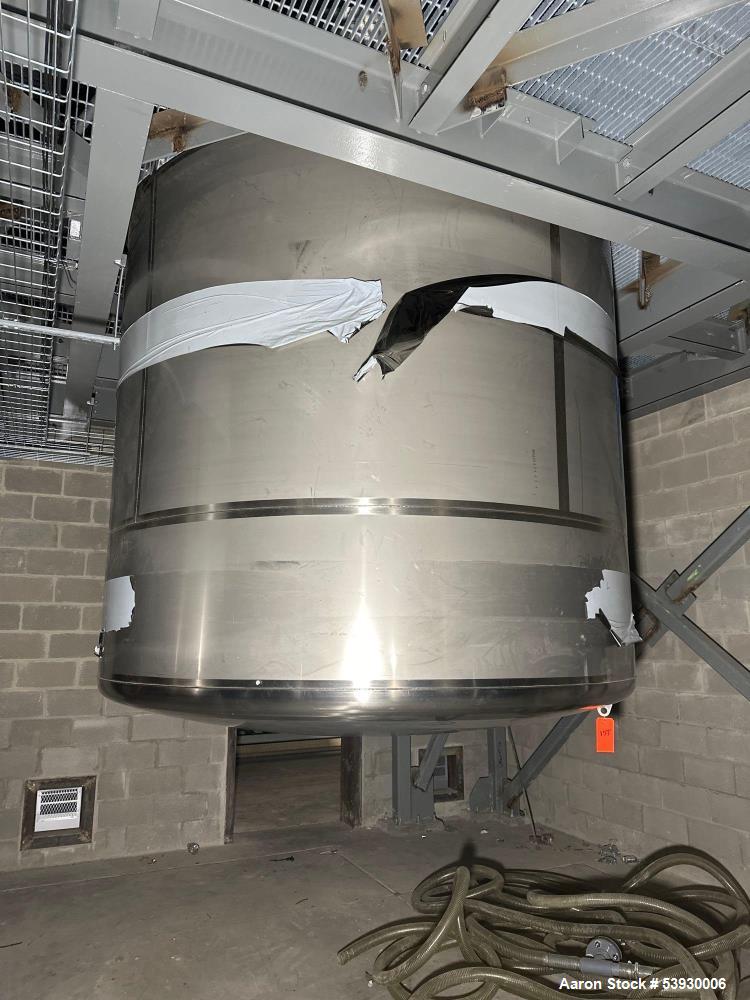 Used ICCNW Single wall 316 stainless steel mixing tank, 99IN. diameter x 11FT high, 4,605 gallon capacity, (TK 224 / 26819), 4 blade agitator with 5HP drive, mounted on (2) load cells (only 2/4 insta...