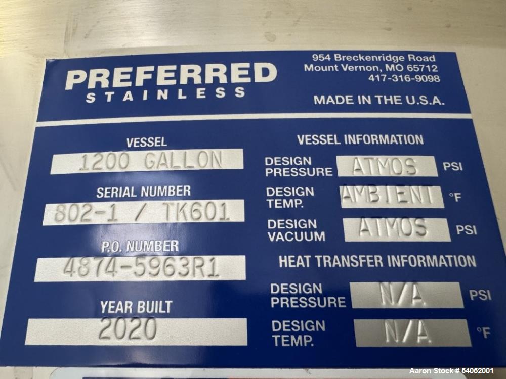 Unused 1,200 Gallon Preferred Stainless Steel Tank | Vertical, Sloped Bottom, Built 2020