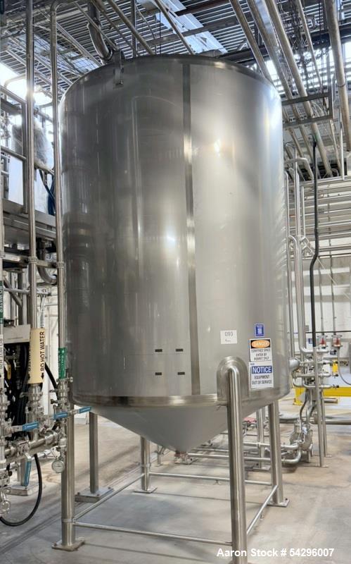 Used Stainless Steel Jacketed Tank, Approximate 2,500 Gallon.  Vertical, dish top, cone bottom, center bottom outlet, on (4) stainless steel legs.