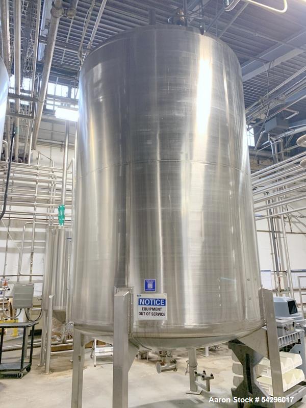 Used Stainless Steel Tank, Approximate 1,000 gallon. Center bottom outlet, side bottom manway, on (4) stainless steel legs.