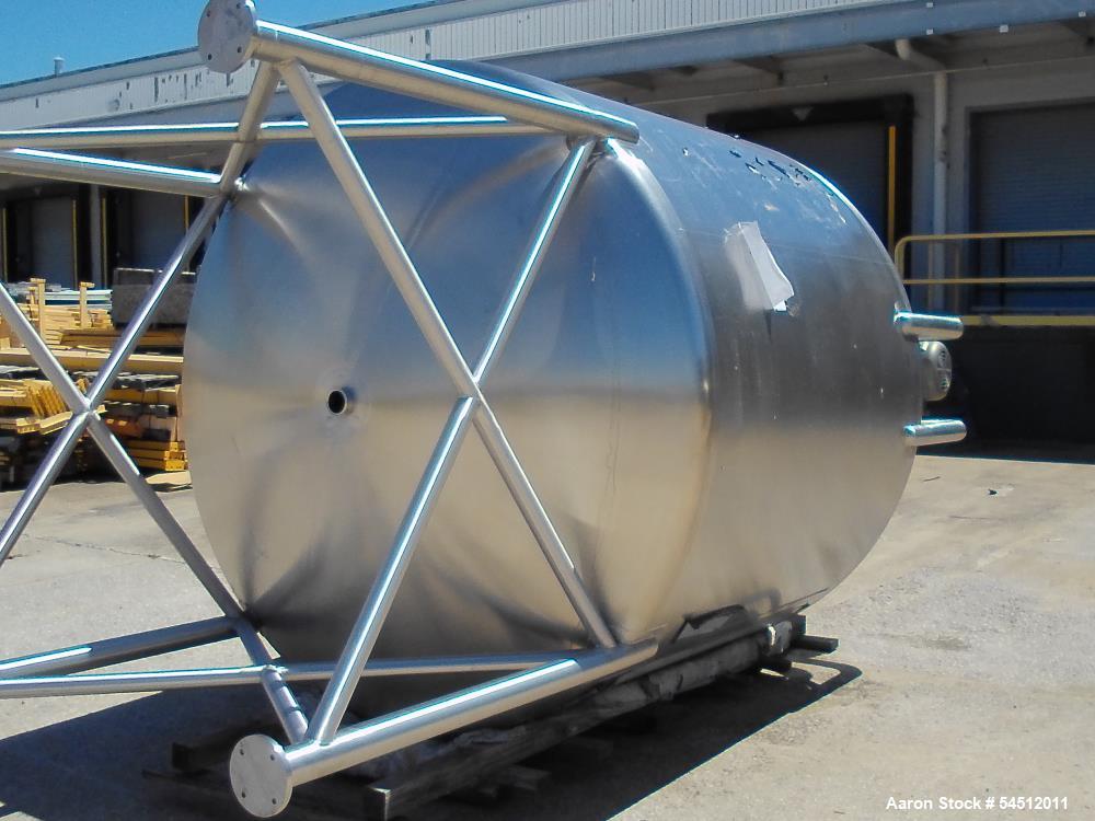Unused 2,000 Gallon Vertical Stainless Steel Agitated Tank. Dished top and bottom. Stainless steel top agitator bridge with counter rotating side scrape agitation. Top manway. Center bottom outlet. M...