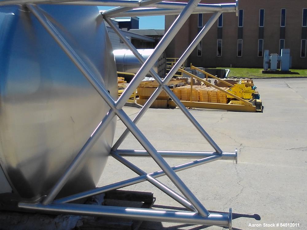 Unused 2,000 Gallon Vertical Stainless Steel Agitated Tank. Dished top and bottom. Stainless steel top agitator bridge with counter rotating side scrape agitation. Top manway. Center bottom outlet. M...