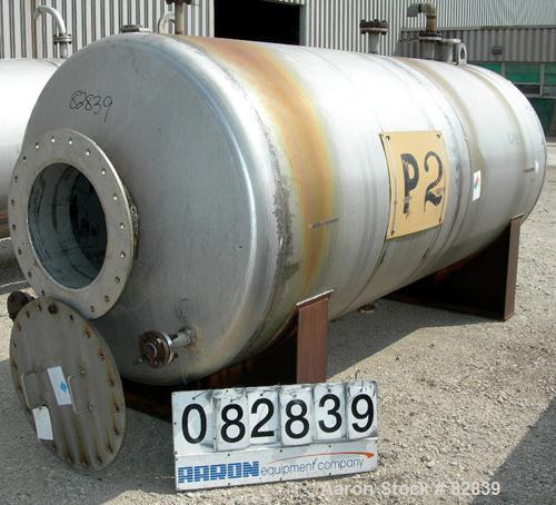 USED: Tank, 1,250 gallon, 304 stainless steel, horizontal. 54" diameter x 120" straight side, dished ends. Openings: top (2) 2", 1", 4"; ends (4) 1-1/2", 2-1/2", 2", 17" manway, no cover; bottom 1-1/...