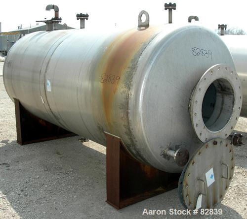 USED: Tank, 1,250 gallon, 304 stainless steel, horizontal. 54" diameter x 120" straight side, dished ends. Openings: top (2)...