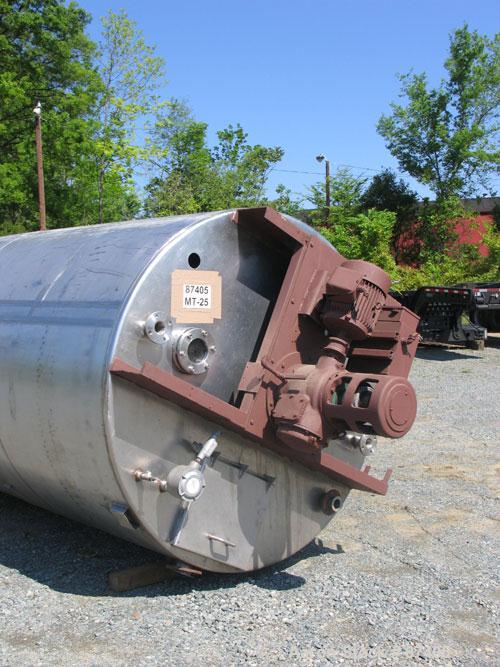 USED: Tank, 2800 gallon, 304 stainless steel. 6'6" diameter x 11'1" straight side, open top, dish bottom, non-jacketed. Vertical, 3 legs, 2" center bottom outlet. Bridge mounted top mounted Lightnin ...