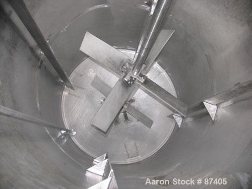 USED: Tank, 2800 gallon, 304 stainless steel. 6'6" diameter x 11'1" straight side, open top, dish bottom, non-jacketed. Vertical, 3 legs, 2" center bottom outlet. Bridge mounted top mounted Lightnin ...
