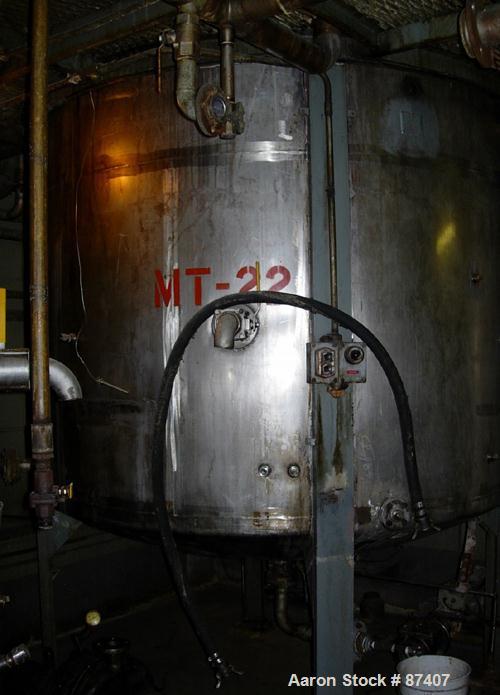 USED: Tank, 2775 gallon, 316 stainless steel. 7'6" diameter x 9'6" straight side, vertical, 4 legs, 2" center bottom outlet. 3 hp Lightnin agitator, 2" shaft with steady bearing, flat top with manway...