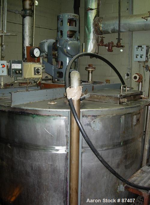 USED: Tank, 2775 gallon, 316 stainless steel. 7'6" diameter x 9'6" straight side, vertical, 4 legs, 2" center bottom outlet. 3 hp Lightnin agitator, 2" shaft with steady bearing, flat top with manway...