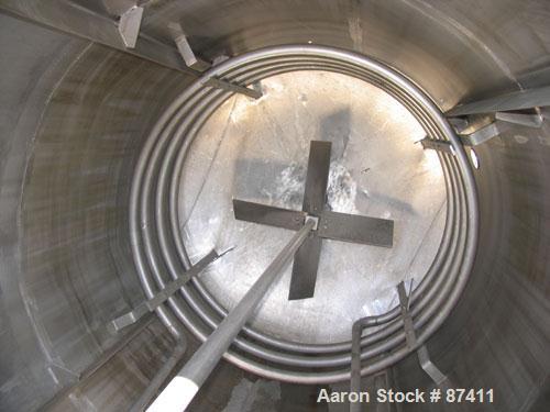 USED: Tank, 2403 gallon, 316 stainless steel. 6'6" diameter x 9'7" straight side, flat top, dish bottom, internal atmospheric, internal coils, vertical, with 3 hp Philadelphia top mount agitator, 2" ...
