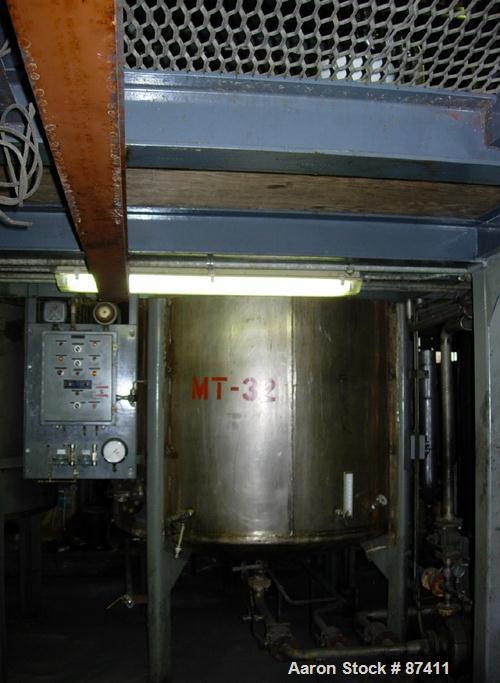 USED: Tank, 2403 gallon, 316 stainless steel. 6'6" diameter x 9'7" straight side, flat top, dish bottom, internal atmospheric, internal coils, vertical, with 3 hp Philadelphia top mount agitator, 2" ...