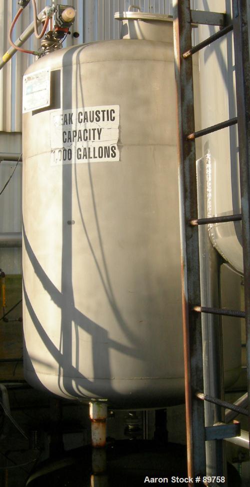 USED: Approximate 1000 gallon stainless steel storage tank. Approximately 55" diameter x 78" straight side. Dished heads. 18" top manway with bolt-on cover. Top openings: (1) 3", (2) 1-1/2", (1) 1"
B...