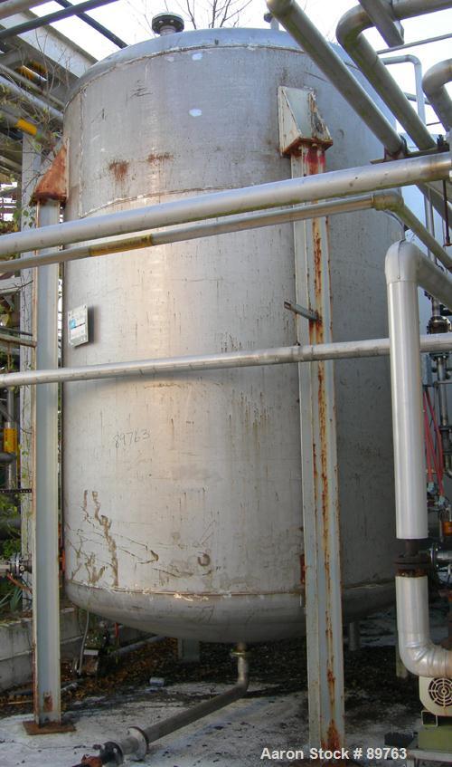 USED: Approximate 5000 gallon stainless steel storage tank. Approximate 8'-6" diameter x 11' straight side. Dished heads. Miscellaneous top openings including manway with bolt-on cover. 3" center bot...