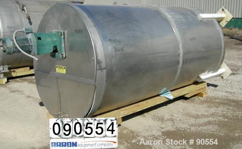 USED:  Approx. 1400 gallon tank, 316 stainless steel, vertical.  60" diameter x 114" straight side.  Flat top with hinged cover, slope bottom.  Top entering agitator, 1 1/2" diameter shaft with (2) a...