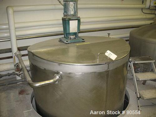 USED:  Approx. 1400 gallon tank, 316 stainless steel, vertical.  60" diameter x 114" straight side.  Flat top with hinged cover, slope bottom.  Top entering agitator, 1 1/2" diameter shaft with (2) a...