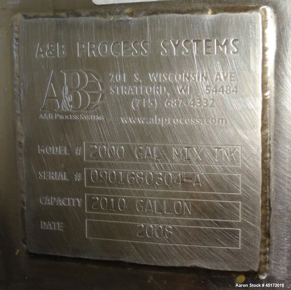 Used A & B Process Systems Tank, Approximately 2000 Gallons, 304 Stainless Stee