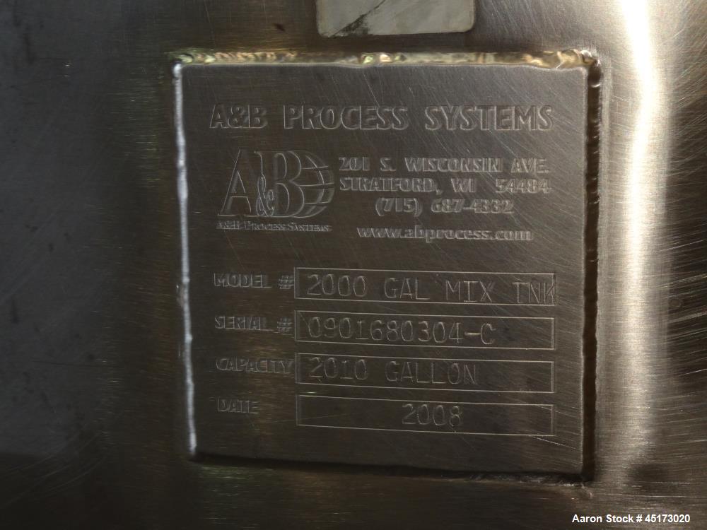 Used A & B Process Systems Tank, Approximately 2000 Gallons, 304 Stainless Stee
