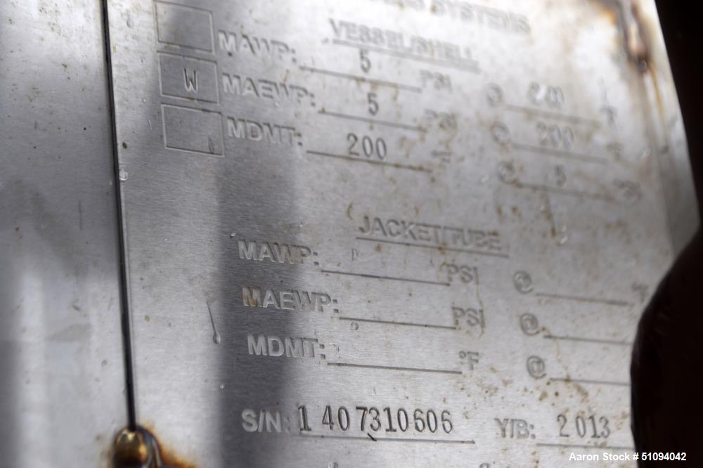 Used A&B Process Tank, Approximate 1,200 Gallon, 316L Stainless Steel, Vertical. Approximate 60" diameter x 96" straight side, dished top, coned bottom. Internal rated 5 psi at -20 to 200 degrees F. ...