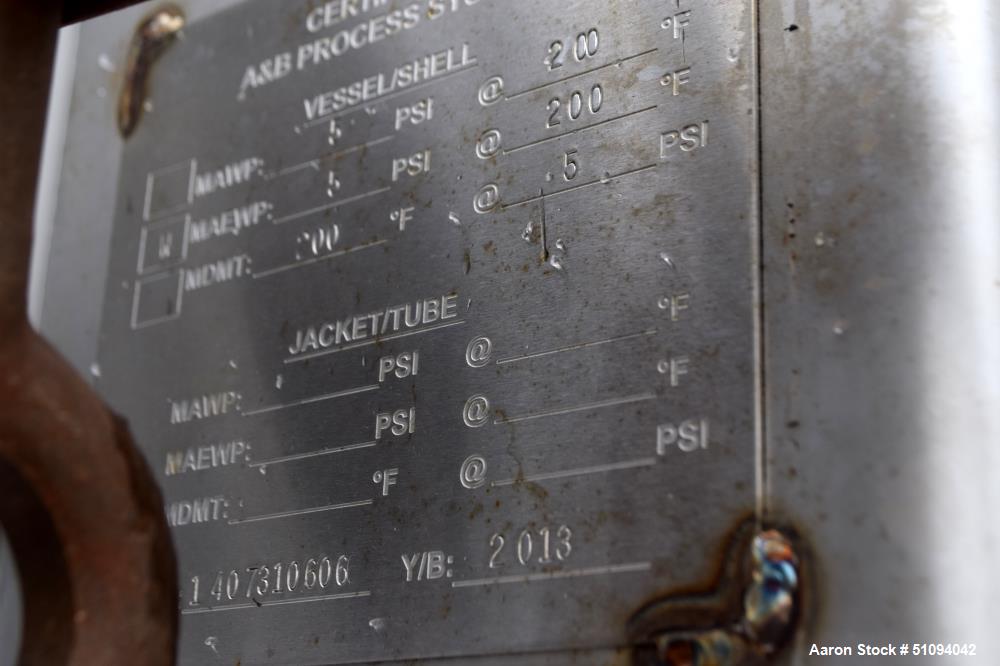 Used A&B Process Tank, Approximate 1,200 Gallon, 316L Stainless Steel, Vertical. Approximate 60" diameter x 96" straight side, dished top, coned bottom. Internal rated 5 psi at -20 to 200 degrees F. ...