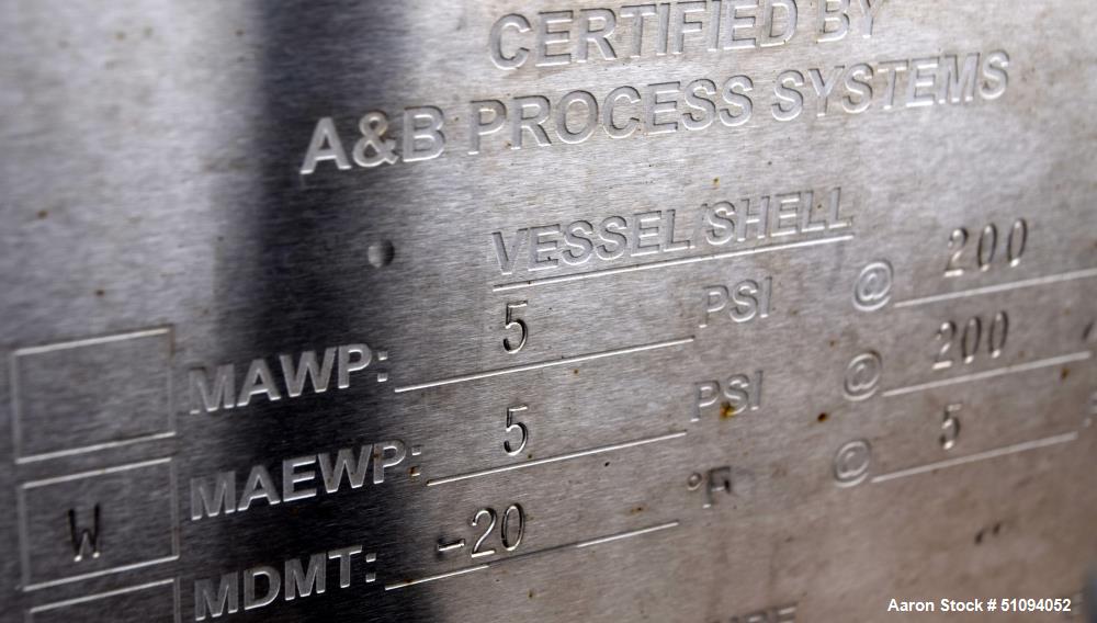 Used A&B Process Tank, Approximate 1,200 Gallon, 316L Stainless Steel, Vertical. Approximate 60" diameter x 96" straight side, dished top, coned bottom. Internal rated 5 psi at -20 to 200 degrees F. ...
