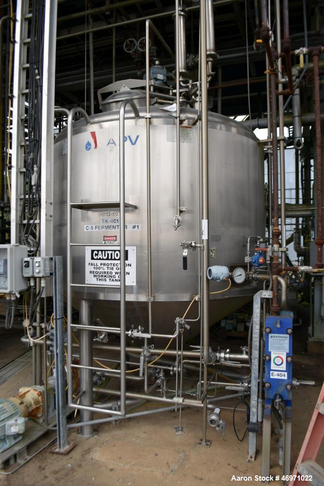 Used APV Crepaco Tank, 1500 Gallon, 304 Stainless Steel, Vertical. Approximate 84" Diameter x 56" straight side, dished top, 35 degree coned bottom. Internal rated 15 psi at 200 degrees F. Top enteri...