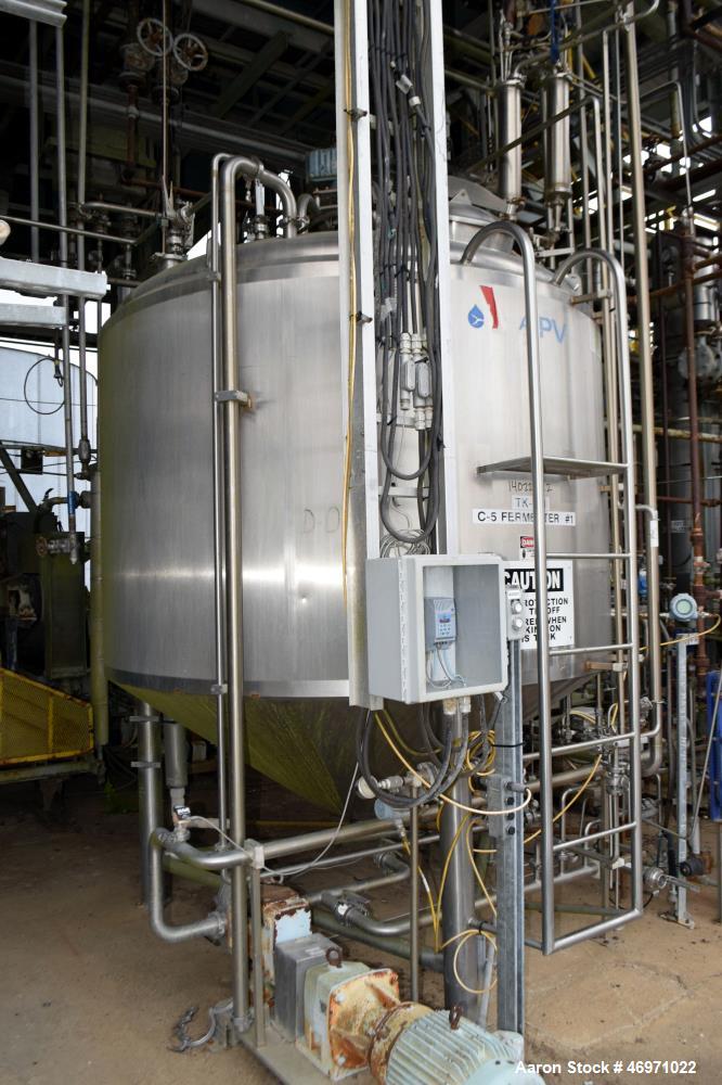 Used APV Crepaco Tank, 1500 Gallon, 304 Stainless Steel, Vertical. Approximate 84" Diameter x 56" straight side, dished top, 35 degree coned bottom. Internal rated 15 psi at 200 degrees F. Top enteri...