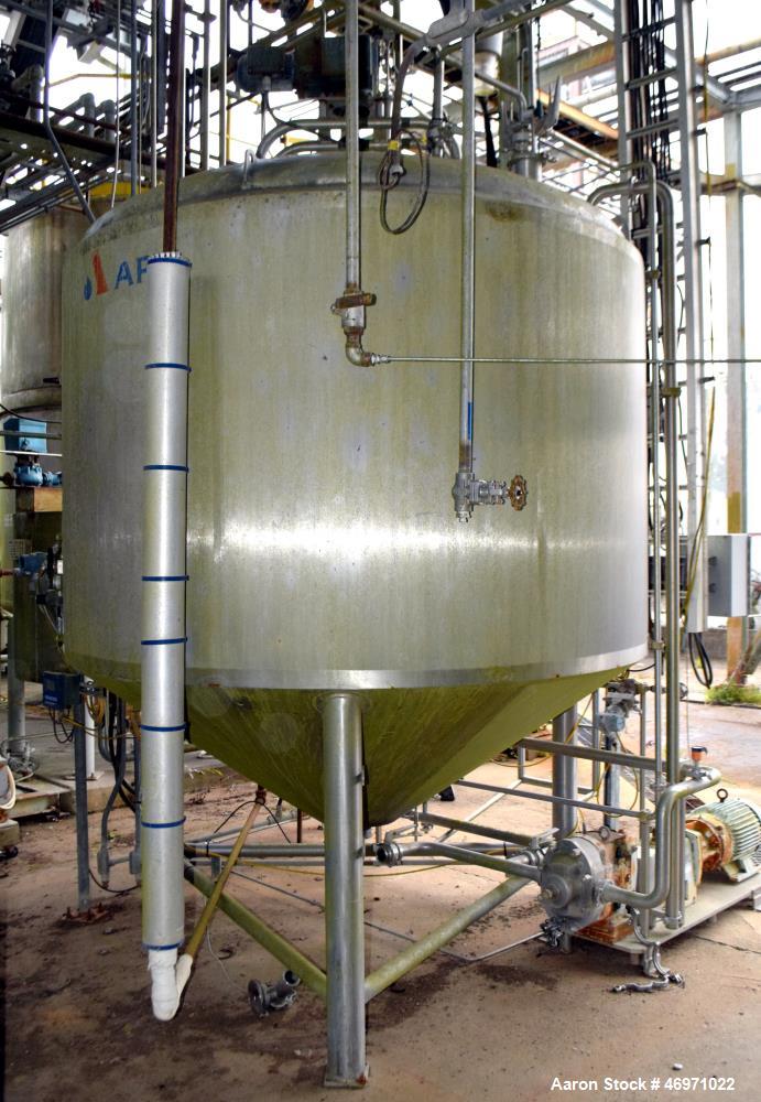 Used APV Crepaco Tank, 1500 Gallon, 304 Stainless Steel, Vertical. Approximate 84" Diameter x 56" straight side, dished top, 35 degree coned bottom. Internal rated 15 psi at 200 degrees F. Top enteri...