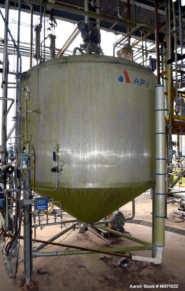 Used APV Crepaco Tank, 1500 Gallon, 304 Stainless Steel, Vertical. Approximate 84" Diameter x 56" straight side, dished top, 35 degree coned bottom. Internal rated 15 psi at 200 degrees F. Top enteri...